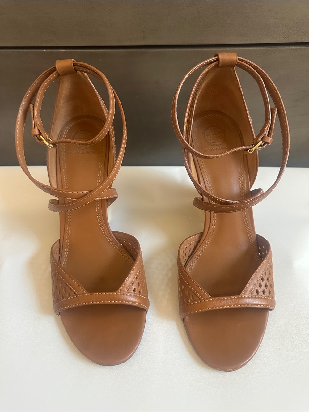 Tory Burch Brown Leather Ankle-Strap Heeled Sandals